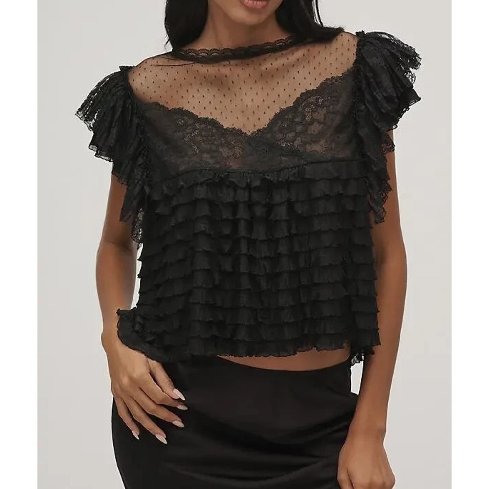 Gothic Fairy Grunge Mesh Crop Top Large Black Festival Lace Babydoll Ruffles